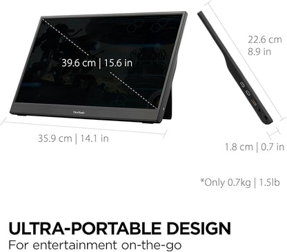 ViewSonic VX1654 16 Inch 1080p IPS Portable Gaming Monitor with 144Hz, AMD FreeSync, 2 Way Powered 60W USB C, Mini HDMI, and Built-in Stand with Protective Cover