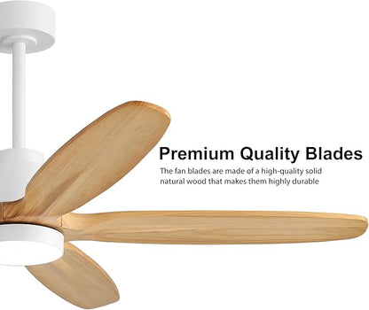 WINGBO 54" Ceiling Fan with Light - 5 Carved Solid Wood Blades, 6-Speed Reversible DC Motor, Dimmable, 3CCT, Noiseless Remote Control Ceiling Fans with Lights for Bedroom Living Room, White and Oak