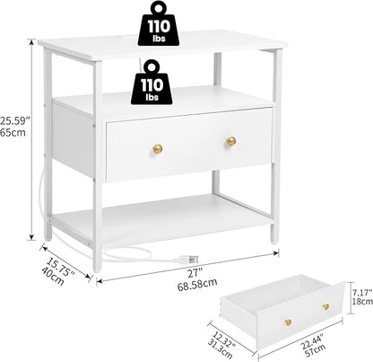 Edbuosy 27 Inch Wide Night Stand with Charging Station, Wood Nightstand with Open Shelf, Large Drawer Bedside Table for Living Room/Bedroom/Office (White)