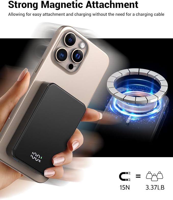 Magnetic Power Bank 26800mAh for Magsafe Portable Charger, Aluminum alloy casing Large Capacity 20W USB-C in&Out Wireless Fast Charging Battery Pack for iPhone16 Plus Pro Max/15/14/13/12 Series, Black