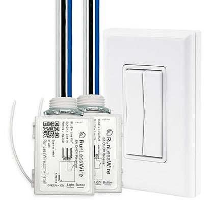 RunLessWire Fan & Light Battery-Free DIY Wireless Light Switch Kit 150ftRF Range Kinetic for Bathrooms & Ceiling Fans: 1 Dual Remote Switch Controls 2 5A On/Off Receivers Separately – White
