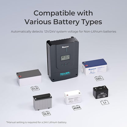 Renogy Charge Controller-Rover 60A MPPT 12V/24V/36V/48V Auto-Detect LCD Display | 99.9% Efficiency for Gel/Flooded/Lithium Batteries | Dual-Peak Tracking & Modbus Support (60A 12V/24V/36V/48V)