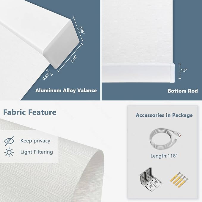 COOLWINDS Motorized Blinds with Remote Cordless Automatic Motorized Shades Custom Blinds for Indoor Windows Smart Curtains with Alexa Google Home(Light Filtering Jacquard White,W57 x H72in)