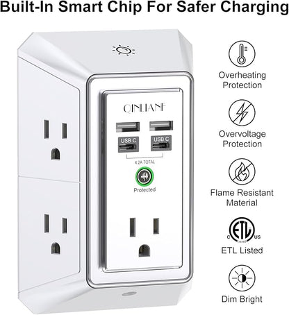 3-Sided Outlet Extender with Night Light - QINLIANF Multi Plug Outlet with 5 Outlets and 4 USB Ports(2 USB-C), USB Wall Charger for Home, Office, Travel, ETL Listed, White