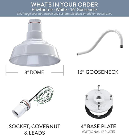 Steel Lighting Co. Hawthorne Barn Light | Outdoor Wall Mounted | 8 inch Dome | 16 inch Gooseneck| Small Farmhouse Light Made in America | White Exterior/White Interior