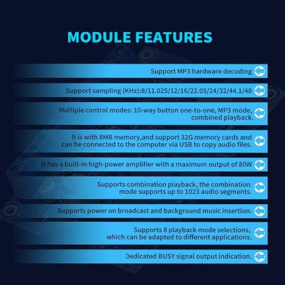 Voice Playback Module with 1GB Card,80W Low Lever Trigger DC 9-24V CH358D Chip Support USB Download, MP3 Hardware Decoding,10-Way Button One-to-One,8 Combined Voice Board for Industry Broadcast.