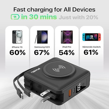 PWRMobile PWR Travel PRO 5-in-1 Power Bank – 10,000mAh with Built-in Cables – 20W USB-C + 15W Wireless Charging – Compact Portable Charger for iPhone & Android- Black