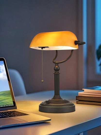 Newrays Matted Amber Glass Bankers Desk Lamp, Stepless Dimmable Table Lamp Plug in Fixture for Study, Home Office,Library, LED Bulb Included