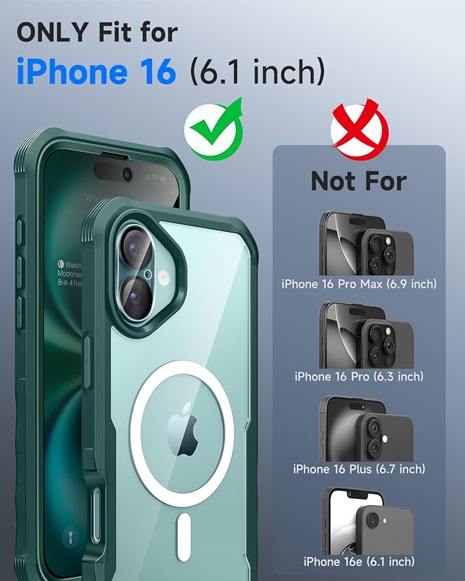seacosmo for iPhone 16 Case, Full Body Bumper with Built-in 9H Tempered Glass Privacy Screen Protector and Camera Lens Protector, Compatible with MagSafe, Shockproof 16 Phone Case, 6.1", Green