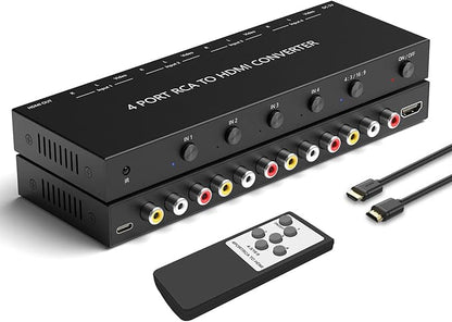 Azduou 4 AV to HDMI, 1080P/720P 4 Way RCA Composite CVBS AV Switch to HDMI Converter Adapter Support 4:3/16:9 Switching, for Sega Xbox PS1 PS2 PS3 N64 NGC SNES WII VHS VCR Camera DVD （with Remote）