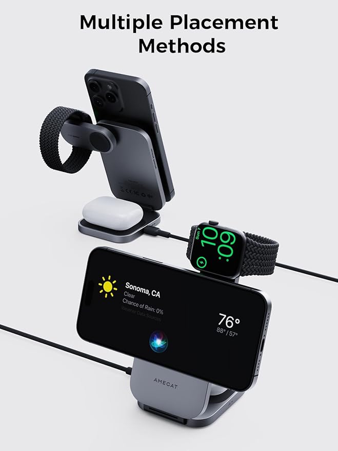 3 in 1 Charging Station, MagFusion Z Foldable Qi2 Certified 15W Wireless Charger Stand Compatible with MagSafe for iPhone 16/15/14/13/12, Apple Watch, AirPods (30W PD Charger Included)