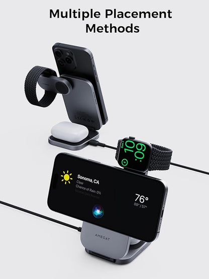3 in 1 Charging Station, MagFusion Z Foldable Qi2 Certified 15W Wireless Charger Stand Compatible with MagSafe for iPhone 16/15/14/13/12, Apple Watch, AirPods (30W PD Charger Included)