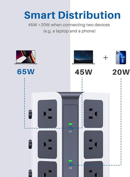 KOOSLA [65W] PD Power Strip Tower Surge Protector, USB C Desktop Charging Station with 12 Widely Spaced AC Outlets / 2 USB-C / 3 USB-A Ports, 6.5ft Heavy-Duty Extension Cord for Home Office Dorm