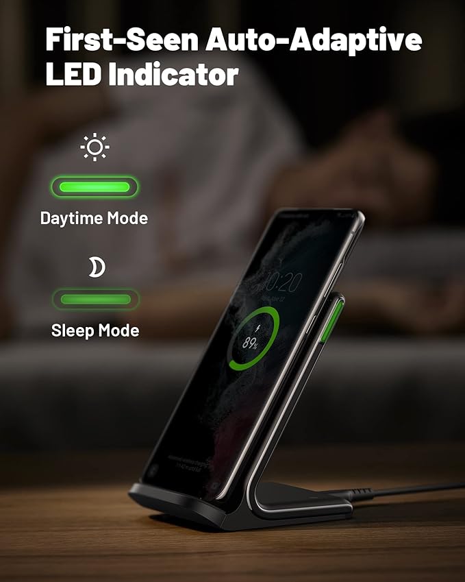 INIU Wireless Charger, 15W Fast Qi Certified Wireless Charging Station with Sleep-Friendly Adaptive Light Compatible with iPhone 16 15 14 13 Pro XS 8 Plus Samsung Galaxy S25 S24 S23 Note 20 Google etc