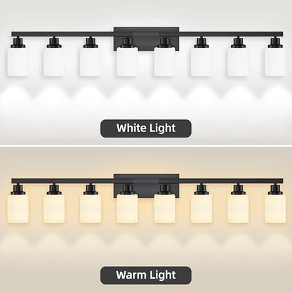 DIKAIDA 8-Light Bathroom Light Fixtures Over Mirror, 52inch Modern Matte Black Vanity Lights with White Frosted Glass Shade, Bathroom Wall Lamp Sconces for Mirror Bedroom, Living Room Hallway