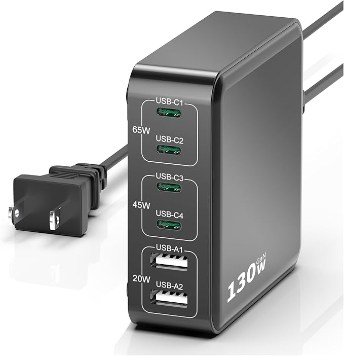 MSTJRY Charging Station for Multiple Devices : 130W 6 Port GaN Fast USB C Charger Station, Compact Multi Port PD 65W 45W Charger for iPhone 17/16 15/14/13/Pro Max
