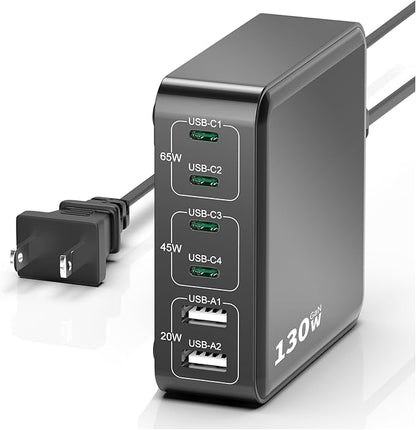 MSTJRY Charging Station for Multiple Devices : 130W 6 Port GaN Fast USB C Charger Station, Compact Multi Port PD 65W 45W Charger for iPhone 17/16 15/14/13/Pro Max