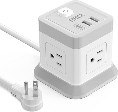 Power Strip with USB, FDTEK Flat Plug Extension Cord with 4 Outlets and 3 USB(1 USB C), 5 FT Power Cord Desktop Charging Station, Overload Protection, Compact Portable for Travel Home Office