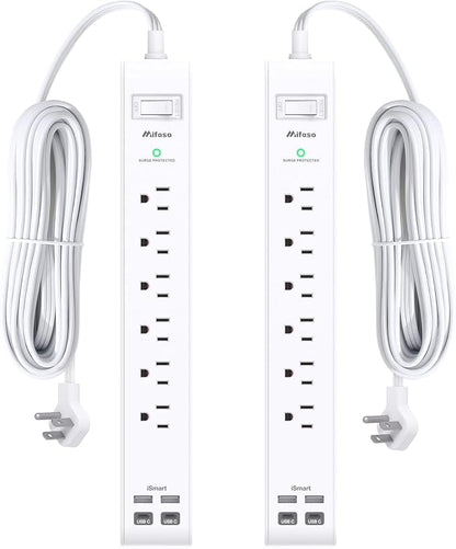 2 Pack Power Strip Surge Protector, Flat Plug Extension Cord with 4 USB Ports(2 USB-C) 6 AC Outlets, USB Charging Station, Wall Mountable for Home, Office, Dorm Essentials, 1080J, ETL Listed
