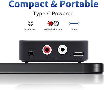 M1R Bluetooth 6.0 Wireless Audio Receiver & Adapter Ideal for TV, Stereo, Speakers, with RCA & AUX, Hands-Free Calling, 20m Range