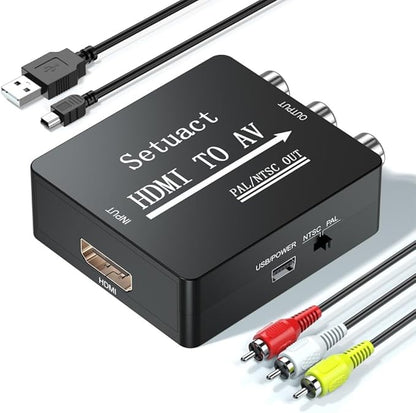 Setuact HDMI to AV Converter, HDMI to RCA Converter, Supports PAL/NTSC for Apple TV, Roku, Fire Stick, Blu-ray, DVD Player, Older TV, Projector, (with Male RCA Cables)