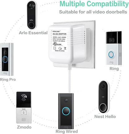 KONLEMEI Doorbell Power Adapter, 24V Transformer Compatible with Video Doorbell, 20ft/6M,White