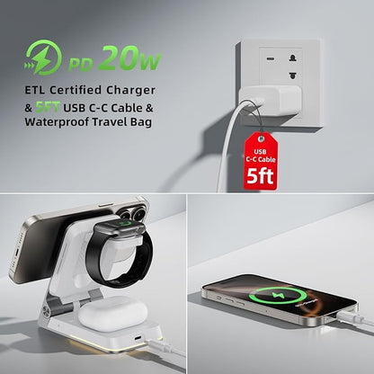 Aluminum 3 in 1 Wireless Charging Station,Foldable Wireless Charger for Apple Magsafe with Light,Portable Travel Magnetic Charger Stand for iPhone 16/15/14,Watch,Airpod, Include PD 20W Adapter & Case