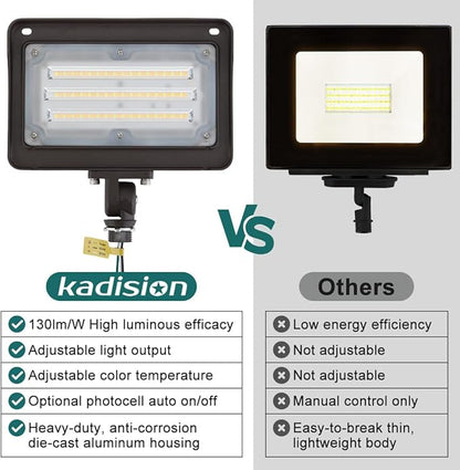 kadision LED Flood Light Outdoor, 50W/40W/30W 6500lm 3000K/4000K/5000K Selectable, Dusk-to-Dawn Photocell, IP65 Waterproof Adjustable Knuckle Mount Security Lights, 100-277V ETL Listed 1-Pack