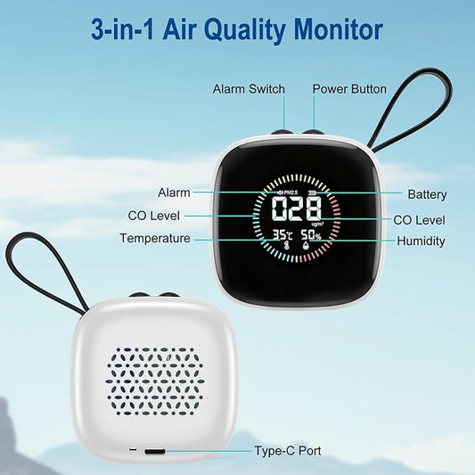 Portable Carbon Monoxide Detector,3-in-1 Rechargeable Co Monoxide Detector with Fahrenheit(°F/℃) & Humidity,Co Detector for Travel Camp Motor Home Basement Hotel