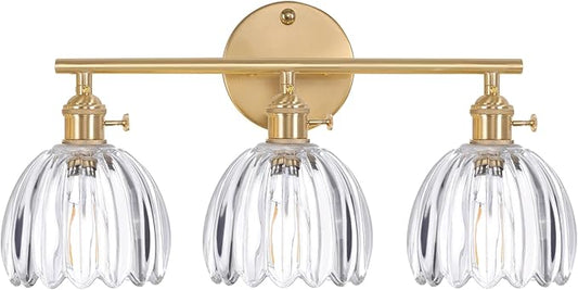 Shenmoyl Bathroom Light Fixtures, 3-Light Brass Vanity Wall Light Over Mirror with Clear Tulip Glass Shade for Bedroom Living Room (Bulb Not Included)
