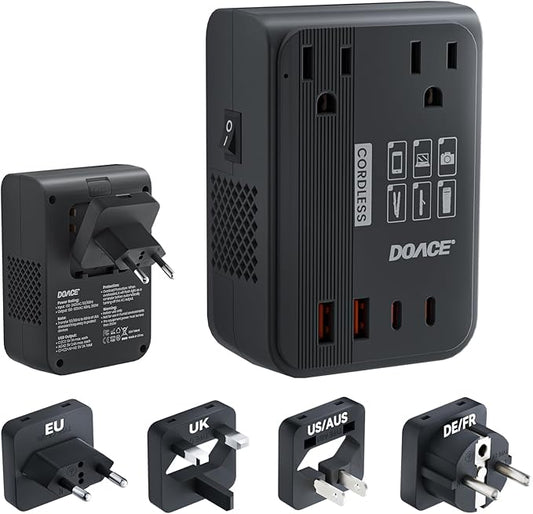DOACE 220V to 110V Converter 350W Voltage Converter US to Europe for Hair Straightener/Curling Iron Converter for European Travel with 4-Port USB Charging and UK/AU/US/EU Worldwide Plug Adapter