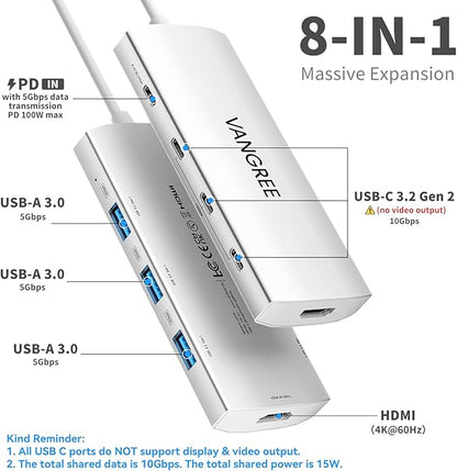 USB C Hub 8 in 1 Multiport Adapter, 3 USB 3.2 Gen 2 Ports with 10Gbps, 3 USB-A 3.0 5Gbps, 4K@60Hz HDMI, 100W PD, USBC Splitter for MacBook Pro, iPad Pro, Mac mini and More(Not Support USB-C Monitor)