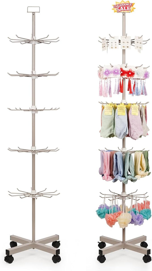 Exttlliy Retail Display Stand Store Display Rack 5 Tier Metal Spinning Display Stand Rack with Wheels Keychain Jewelry Stocking Hat Display Stand with Hooks for Malls, Showroom, Retail Store (Grey)