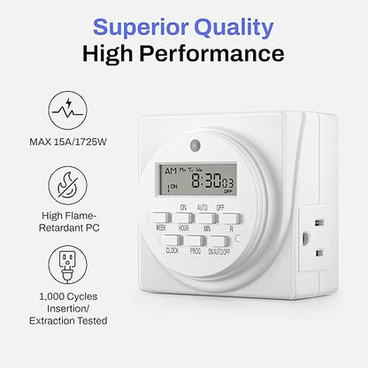 BN-LINK Indoor Digital Timer Outlet, Dual Outlet 7 Day Programmable Light Switch, 3 Prong Plug in Timers for Electrical Outlets, Lamps, Fans, 8 On/Off Programs, 2 Pack, 15A/1875W, ETL Listed
