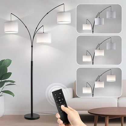 Fansdrick Floor lamp with Remote, 3 Light Arc Floor Lamps for Living Room, 2400LM Tall Standing Floor Lamps with White Shades, 80" Large Floor Lamp for Bedroom, Office