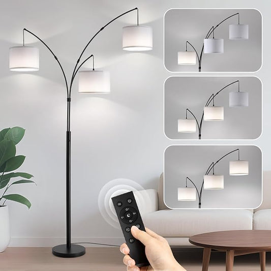 Fansdrick Floor lamp with Remote, 3 Light Arc Floor Lamps for Living Room, 2400LM Tall Standing Floor Lamps with White Shades, 80" Large Floor Lamp for Bedroom, Office