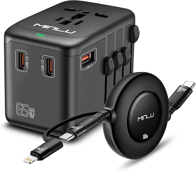 Universal Travel Multi Adapter, PD 65W Worldwide Travel Charger with 100W 3-in-1 Multi Cable/1 USB-A/3 USB-C Fast Charging, All in One Outlet Adapter for iPhone,Laptops,Type USA/EU/UK/AUS