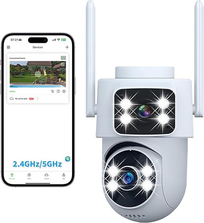 DZCCTVIPC Dual-Lens 2K Smart Indoor/Outdoor Security Camera, 5GHz Wi-Fi, 360° AI Motion Tracking,Color Night Vision,IP65 Weatherproof, 2-Way Audio,24/7 Recording,Works with Alexa & Google (No SD Card)