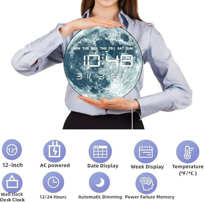 Timethink 12'' Full Moon Digital Wall Clock with LED Display, Lunar Moonlight LED Electric Wall Clock Calendar & Temperature, Automatic Dimming, 12/24hr Format, Wall & Desk Use for Bedroom Living Room