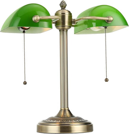 Newrays Green Double Head Glass Bankers Desk Lamp with Pull Chain Switch Plug in Fixture for Library, Office, Cafe