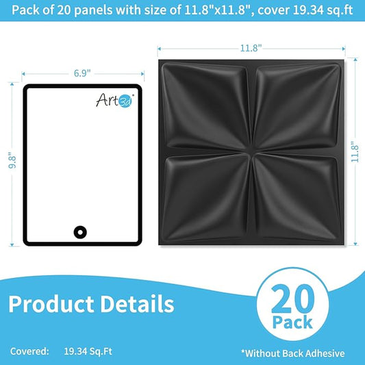 Art3d 20 Pack Decorative 3D Wall Panels, 19 Sq.Feet PVC Interior Wall Décor, 11.8"x11.8", Black