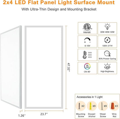 Mcacggo 4-Pack 2x4 FT LED Flat Panel Light Surface Mount 5000K-4000K-3000K Switchable & 0-10V Dimmable, 30W-40W-50W Selectable, Flush Mount Ceiling Lights 24x48 inch, ETL Listed, 100-277V, White