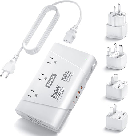 DOACE 800W Travel Adapter Voltage Converter, 220V to 110V Pure Sine Wave Step-Down Transformer for International Travel, 3 AC Outlets & 4 USB, Compatible with Phones, Hair Tools, Cameras & Laptops