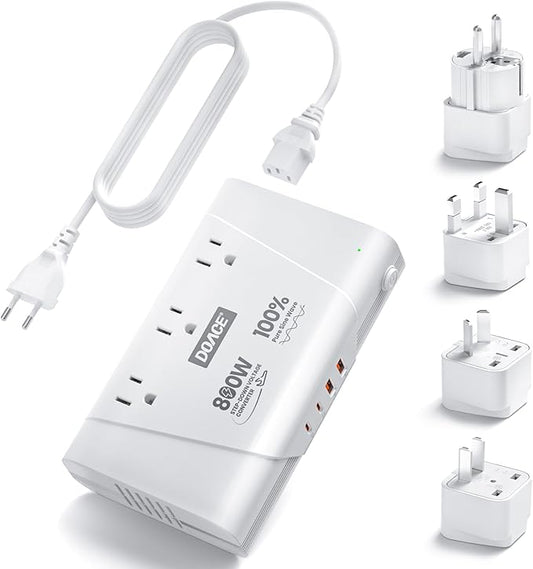 DOACE 800W Travel Adapter Voltage Converter, 220V to 110V Pure Sine Wave Step-Down Transformer for International Travel, 3 AC Outlets & 4 USB, Compatible with Phones, Hair Tools, Cameras & Laptops