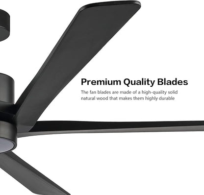 WINGBO 64" DC Ceiling Fan with Lights, 5 Carved Solid Wood Blades, 6-Speed Reversible DC Motor, Matte Black Finish Ceiling Fan with Remote, Black