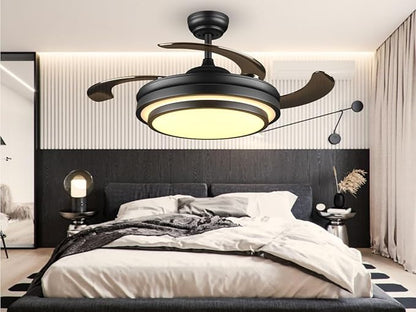 48 Inch Retractable Ceiling Fan with Lights and Remote,Black Fandelier Ceiling Fan with APP Control 6 Speed Dimmable LED Ceiling Fans Silent Reversible Motor for Bedroom Kitchen Living Room