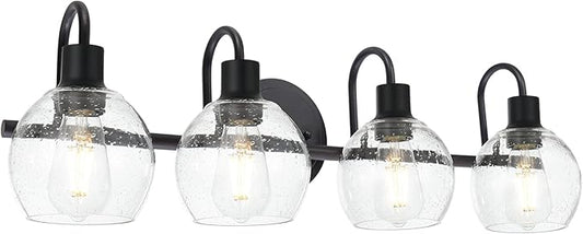 WINSHEN 4-Lights Contemporary Bathroom Light Fixtures Over Mirror with Seeded Globe Glass Shades, Black Rustic Vanity Wall Lighting for Bedroom Dressing Cabinet