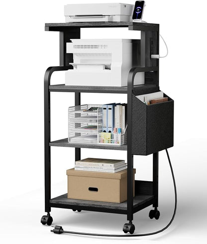 DongRong Tall Printer Stand with Storage Adjustable Shelf and Bag, 4-Tier Large Printer Table with Charging Station for Home Office, Printers Cart with Wheels for 3D Shredder Scanner Fax (Grey)