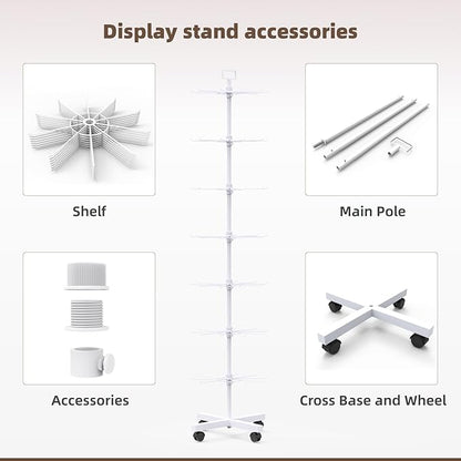 YEOOE Retail Display Racks 7 Tier Spinning Display Stand, Movable Shop Spinner Rack with Hooks, Retail Display Stand for Jewelry Keyring Hats Socks Toys (White)