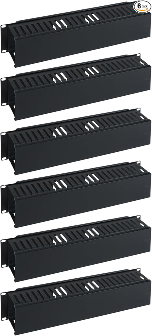 ICC 2U Finger Duct Cable Manager Panel with Cover, Plastic with Metal Back Frame, 3" Depth, Horizontal Cable Management, Rackmount for 19” Network Racks, Black, 6-Pack
